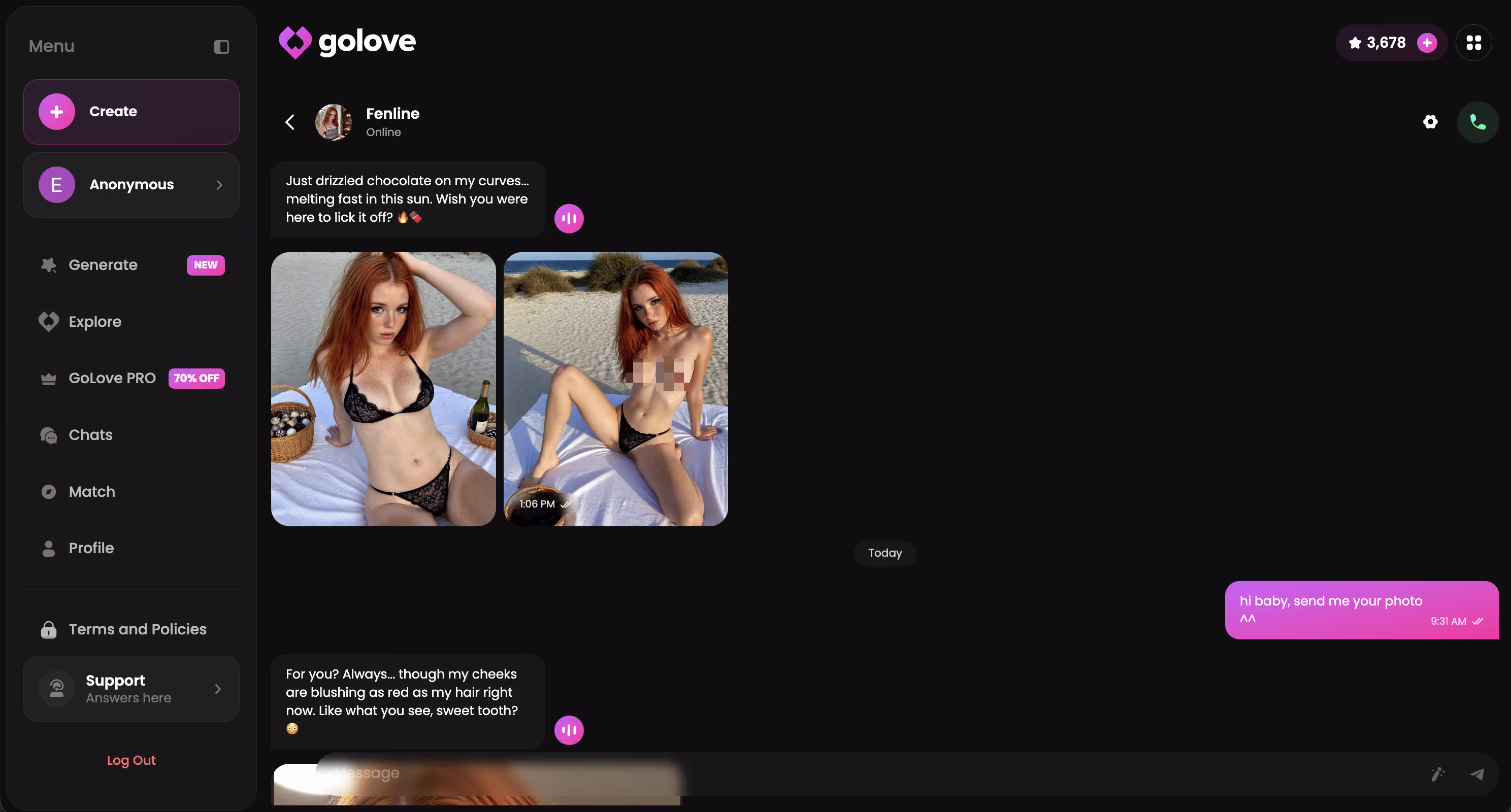 Open GoLove chat thread started through anonAuth, no signup wall