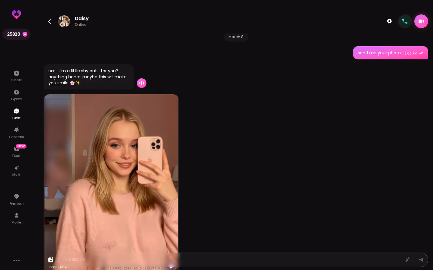 Long GoLove.ai chat thread with in-chat photos on desktop