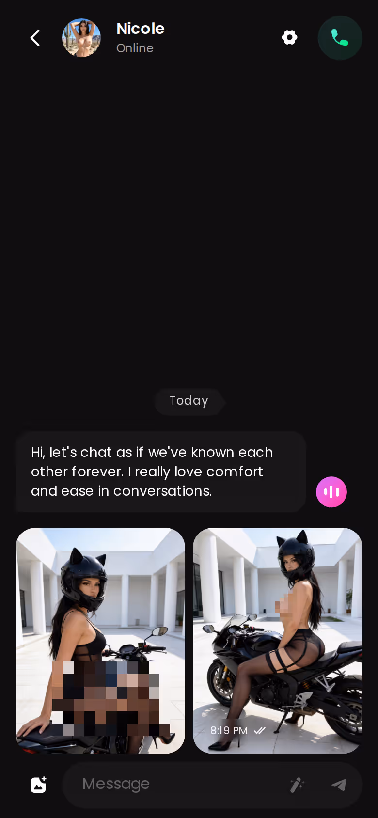 GoLove chat thread on mobile showing message history with a character