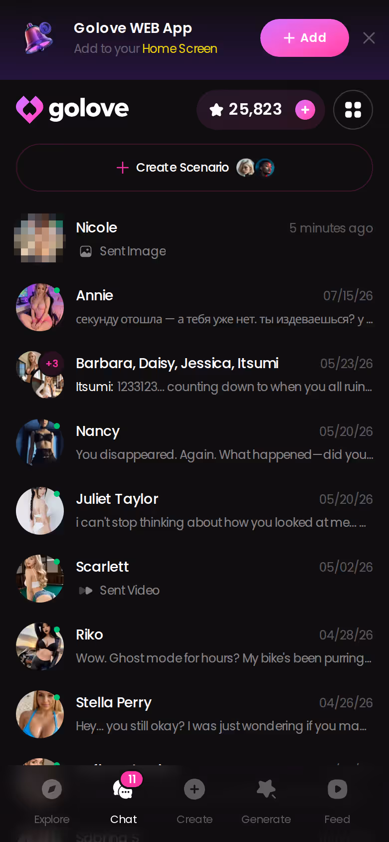 Mobile GoLove.ai chats list with last-message previews — girlfriendgpt app review