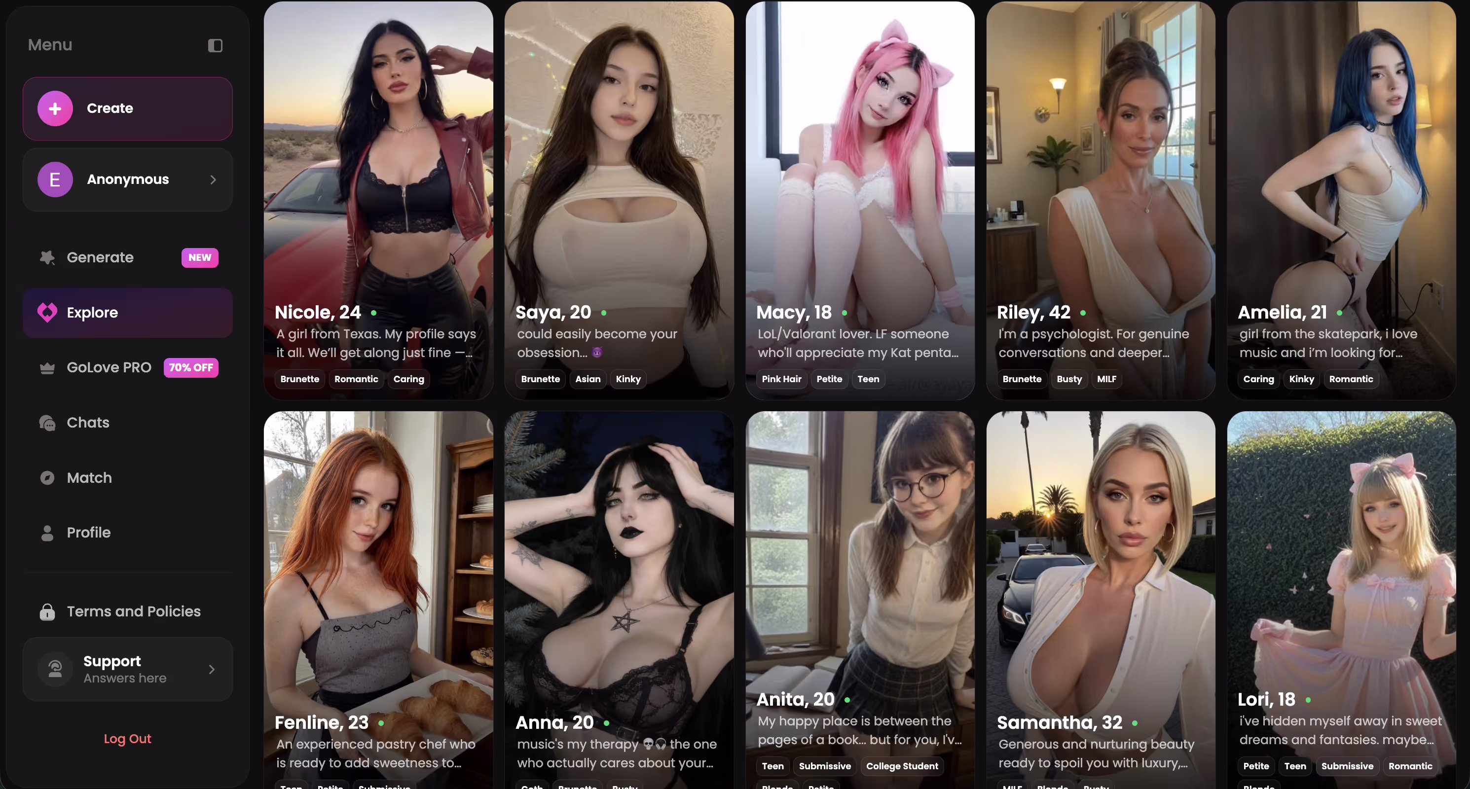 Explore page with realistic AI girlfriend roster — candy chat