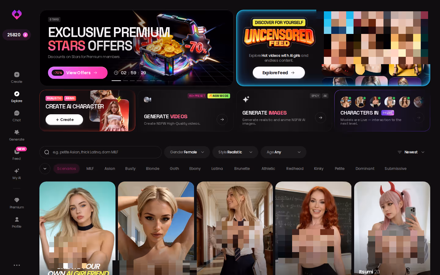 GoLove.ai Explore top — promo banners, tag filters and the character grid — character ai vs crushon ai