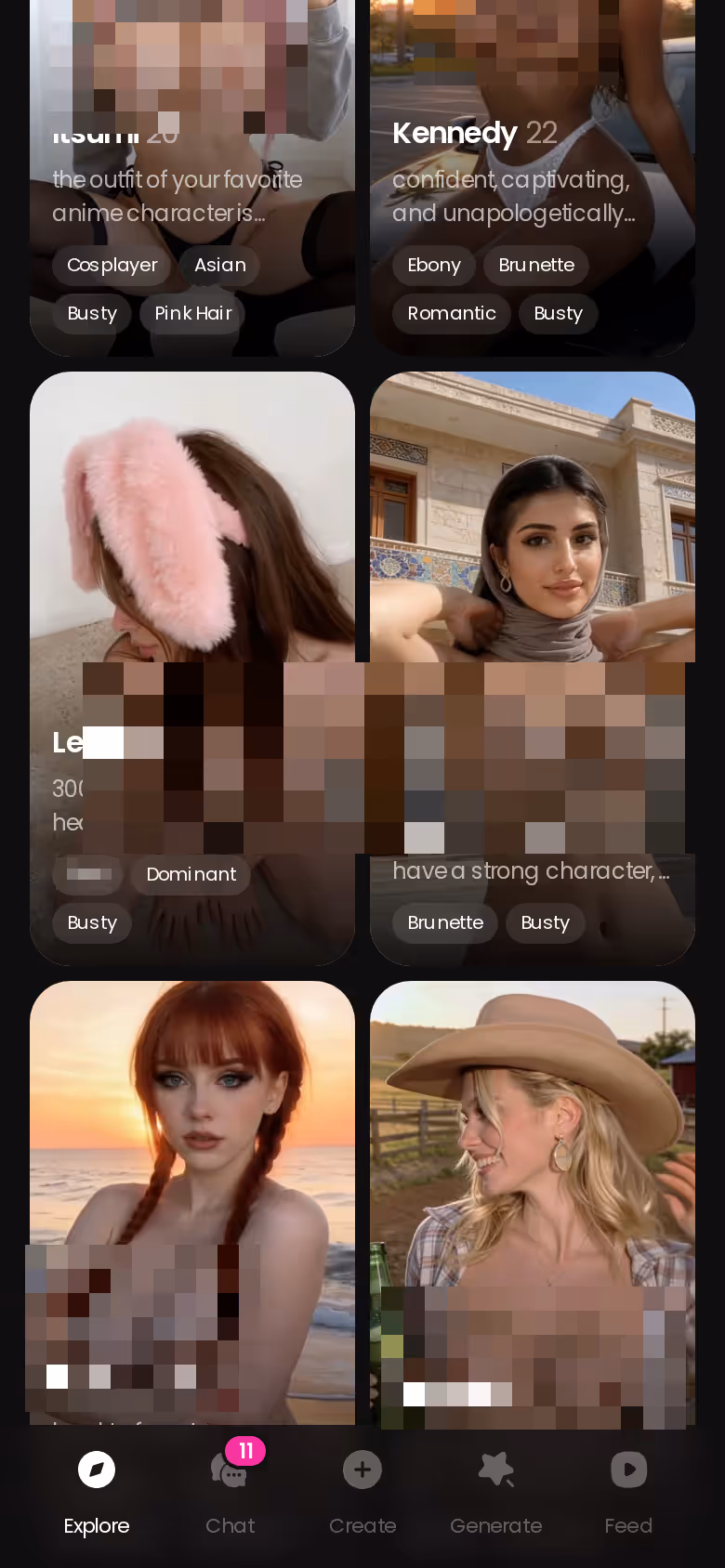GoLove.ai Explore screen on mobile showing realistic AI girlfriend characters