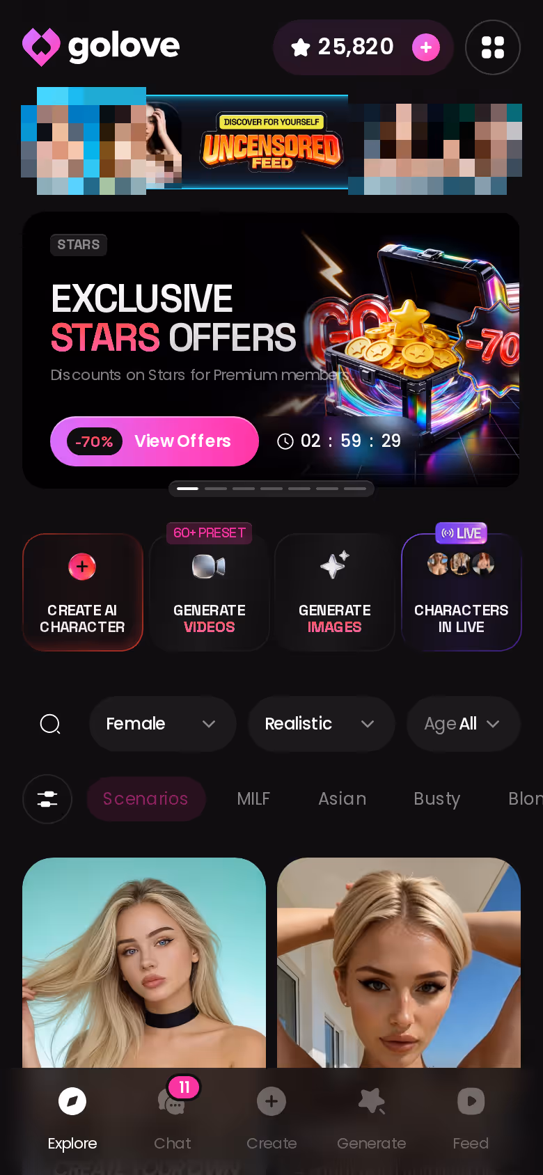 Mobile GoLove.ai Explore page with banners and character grid — ai dick rating