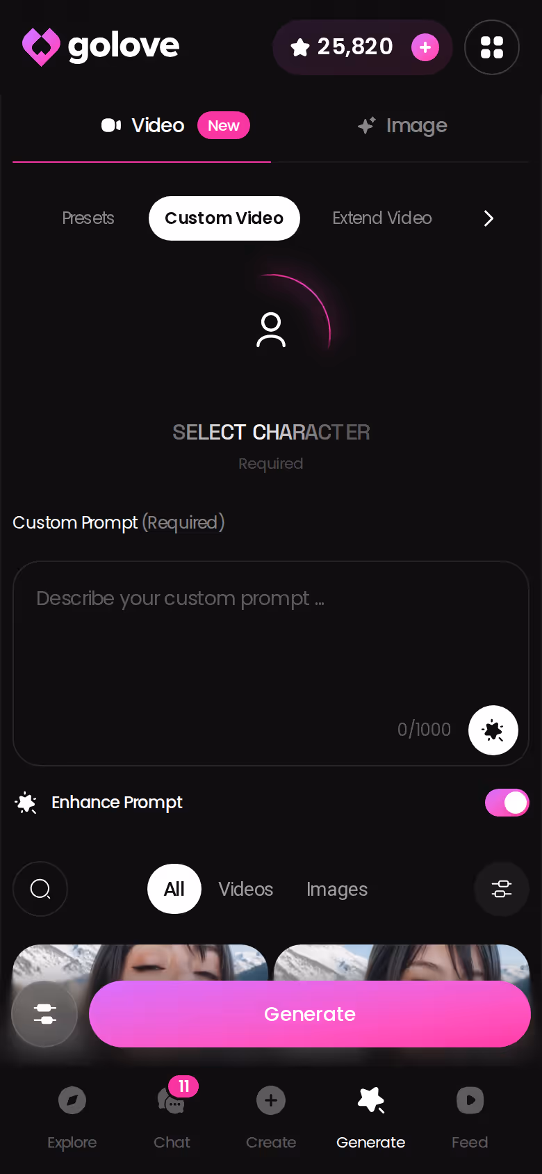 GoLove custom video generator with preset cards on mobile