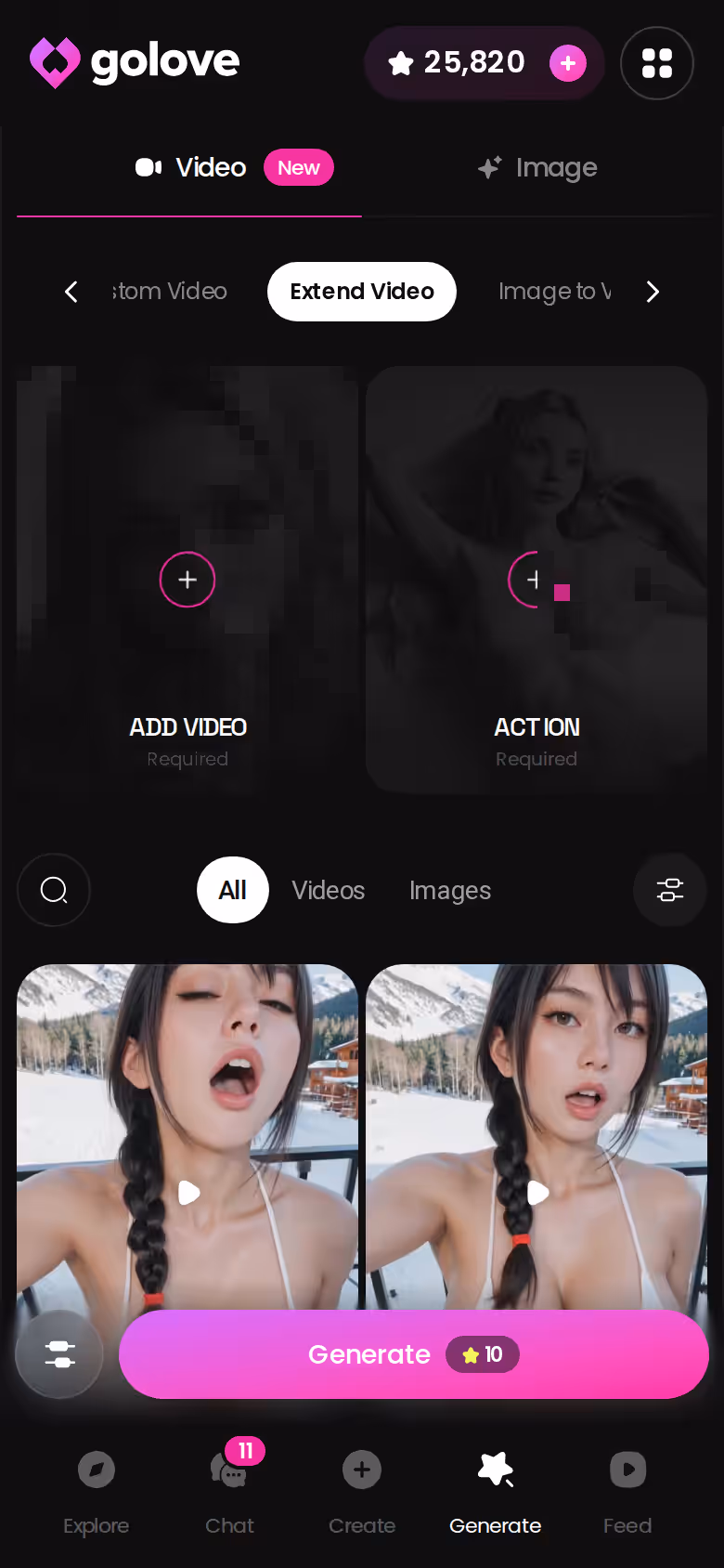GoLove.ai Extend Video option on mobile, where longer clips spend more Stars