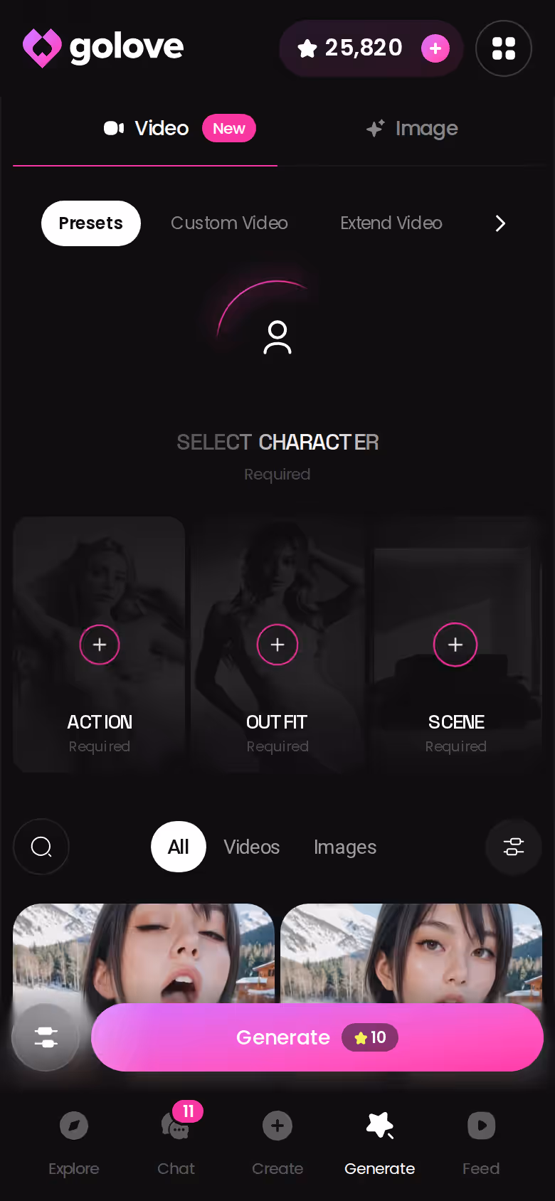 GoLove.ai Generate hub on mobile with image and video options for a selected character