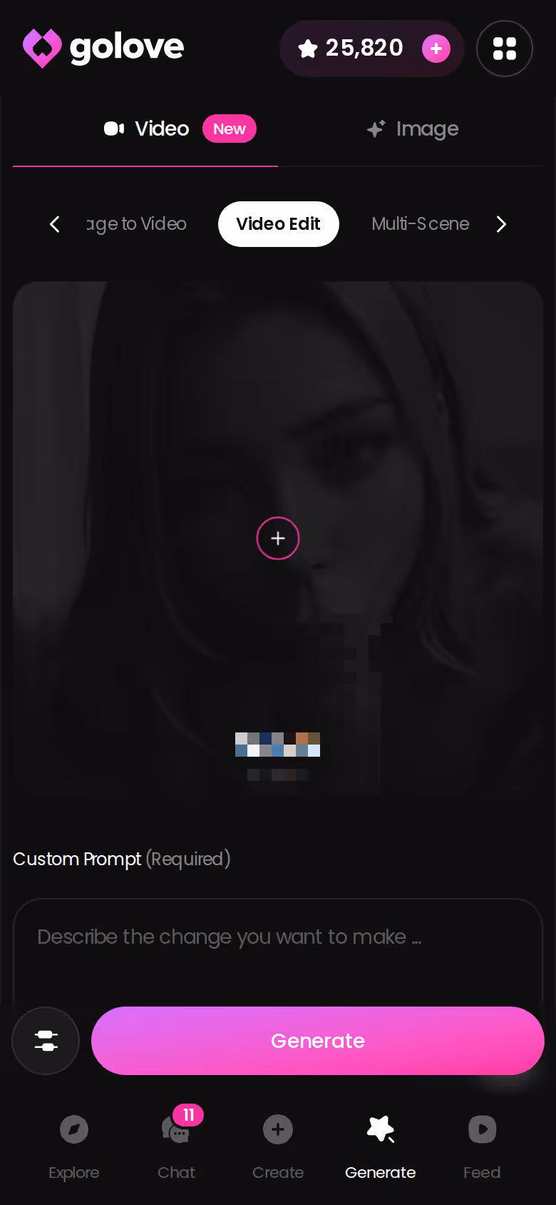 GoLove.ai Video Edit on mobile turning a generated still into a short clip